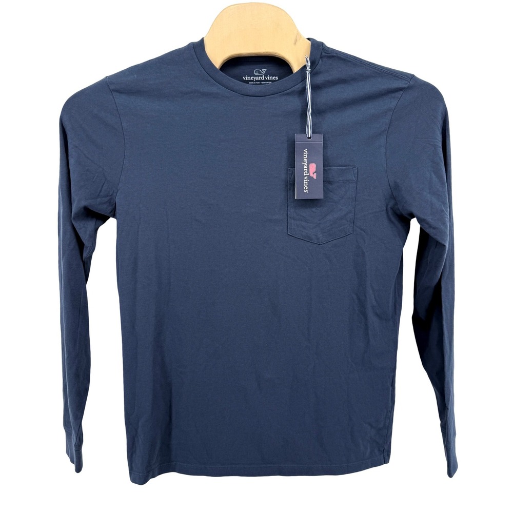 NEW Vineyard Vines Pocket T-Shirt Mens Small LS Blue Blazer Solid 100% Cotton